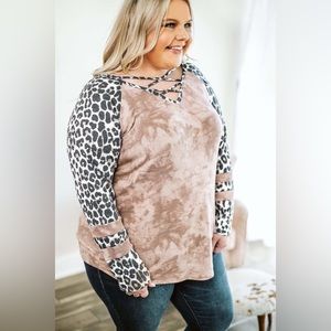 Cute Leopard Criss Cross Tan Tie Dyed Plus Size Top 2X 3X 4X